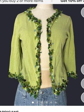 Michael Simon Light Green Open-Front Cardigan with Green Multicolor Trim